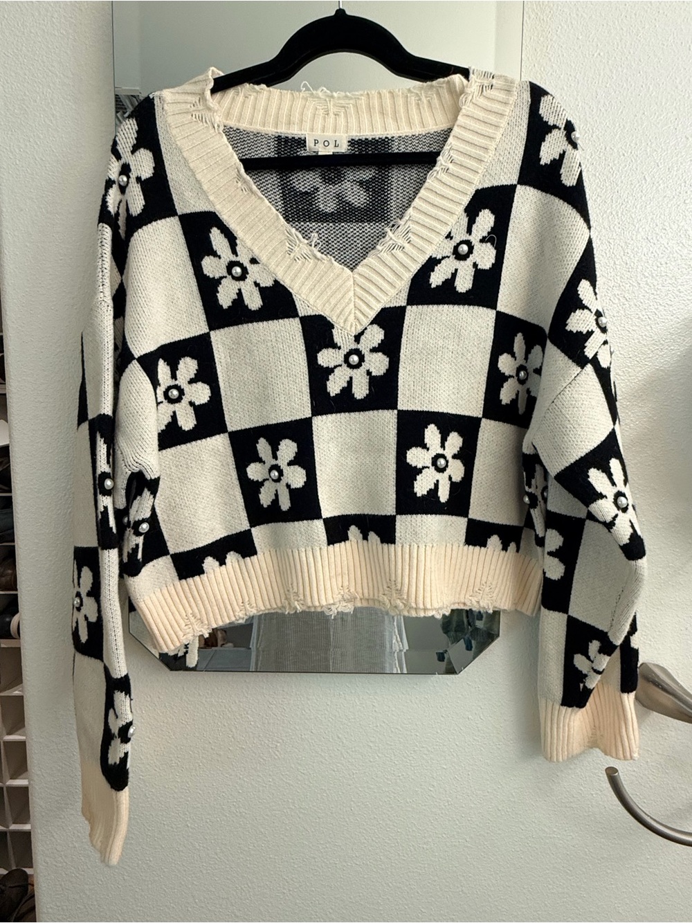 POL Black & Cream Daisy Check V-Neck Sweater